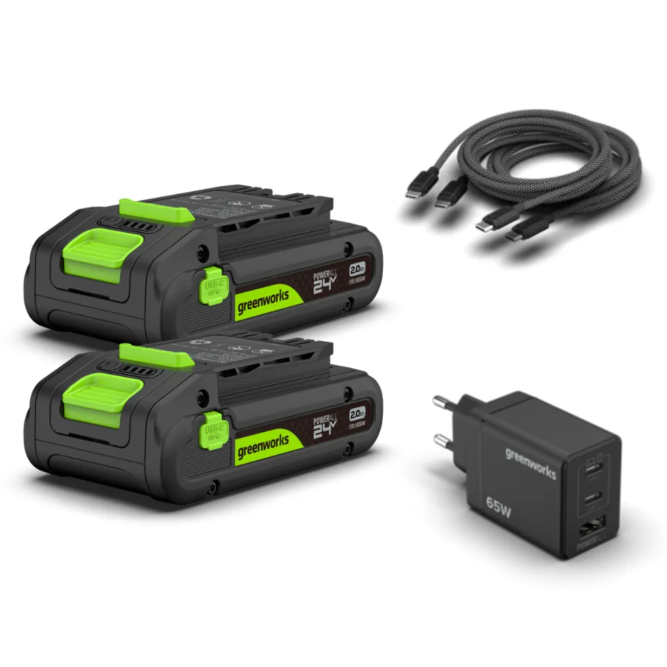 greenworks-powerall-kit-avviamento-24v-2x-batterie-2ah-usb-c-caricabatterie-65w image 1