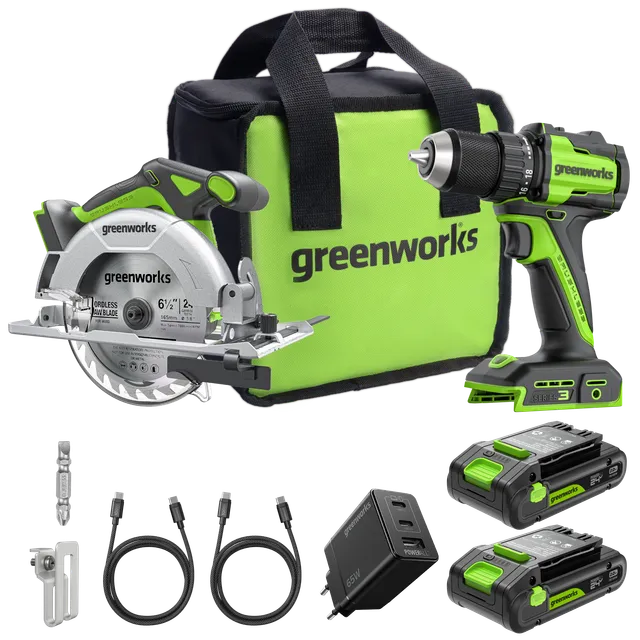 greenworks-powerall-24v-ck322-set-trapano-avvitatore-sega-circolare-con-2-batter image 1