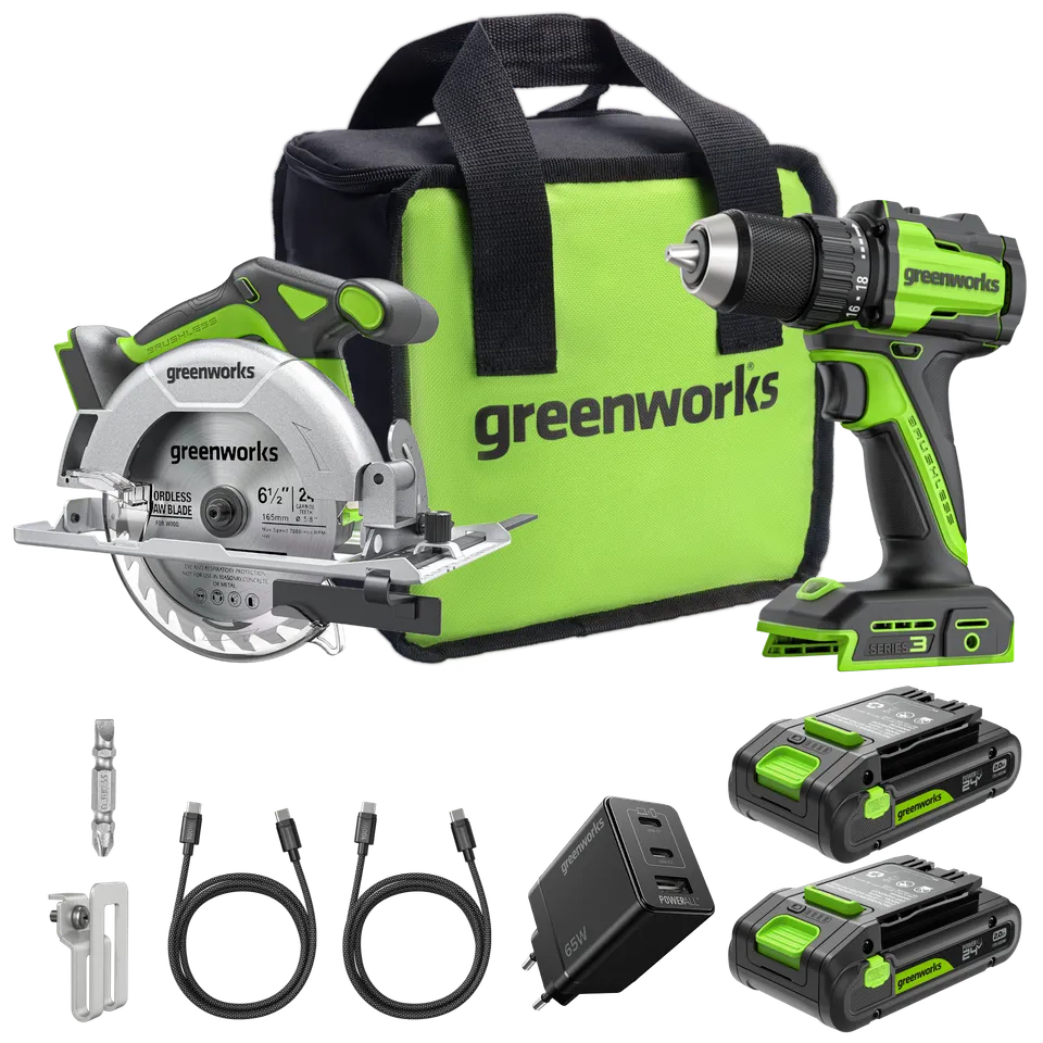 greenworks-powerall-24v-ck322-set-trapano-avvitatore-sega-circolare-con-2-batter image 1