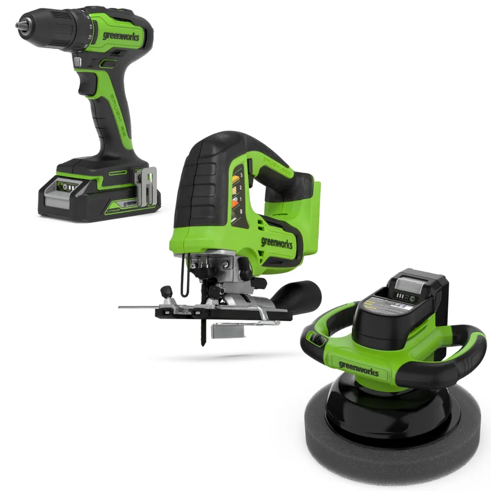 greenworks-powerall-24v-set-trapano-seghetto-alternativo-lucidatrice-con-batteri image 1