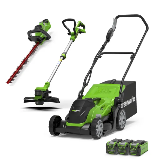 greenworks-set-40v-tagliaerba-35cm-tagliabordi-33cm-tagliasiepi-61cm-con-3-batte image 1