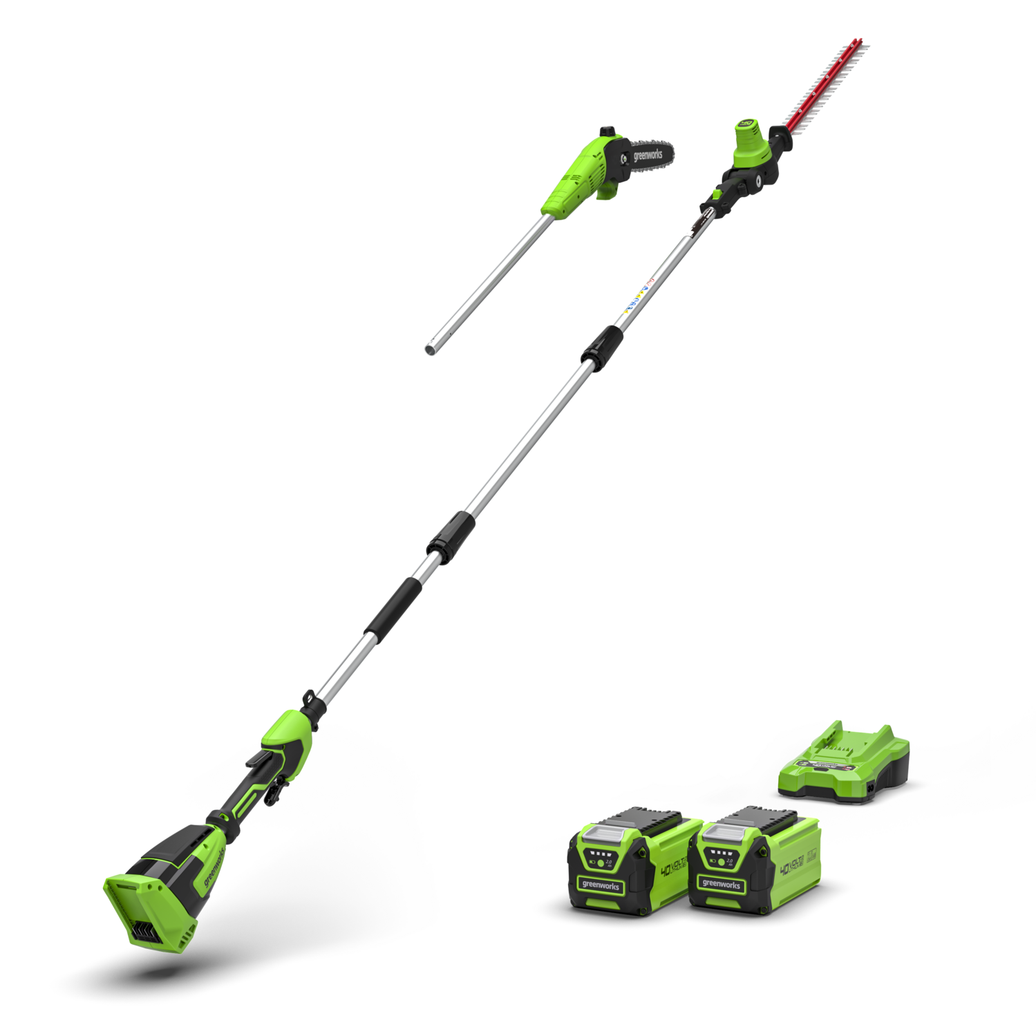 greenworks-40v-potatore-tagliasiepi-telescopico-2-in-1-gd40pshk2x-con-2x-batteri image 1