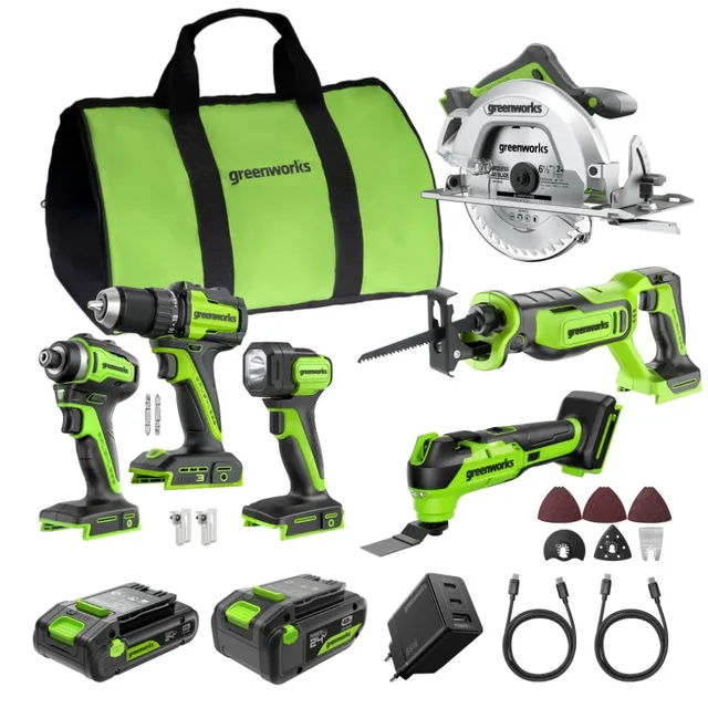 greenworks-powerall-24v-set-combinato-6-pezzi-con-2-batterie image 1