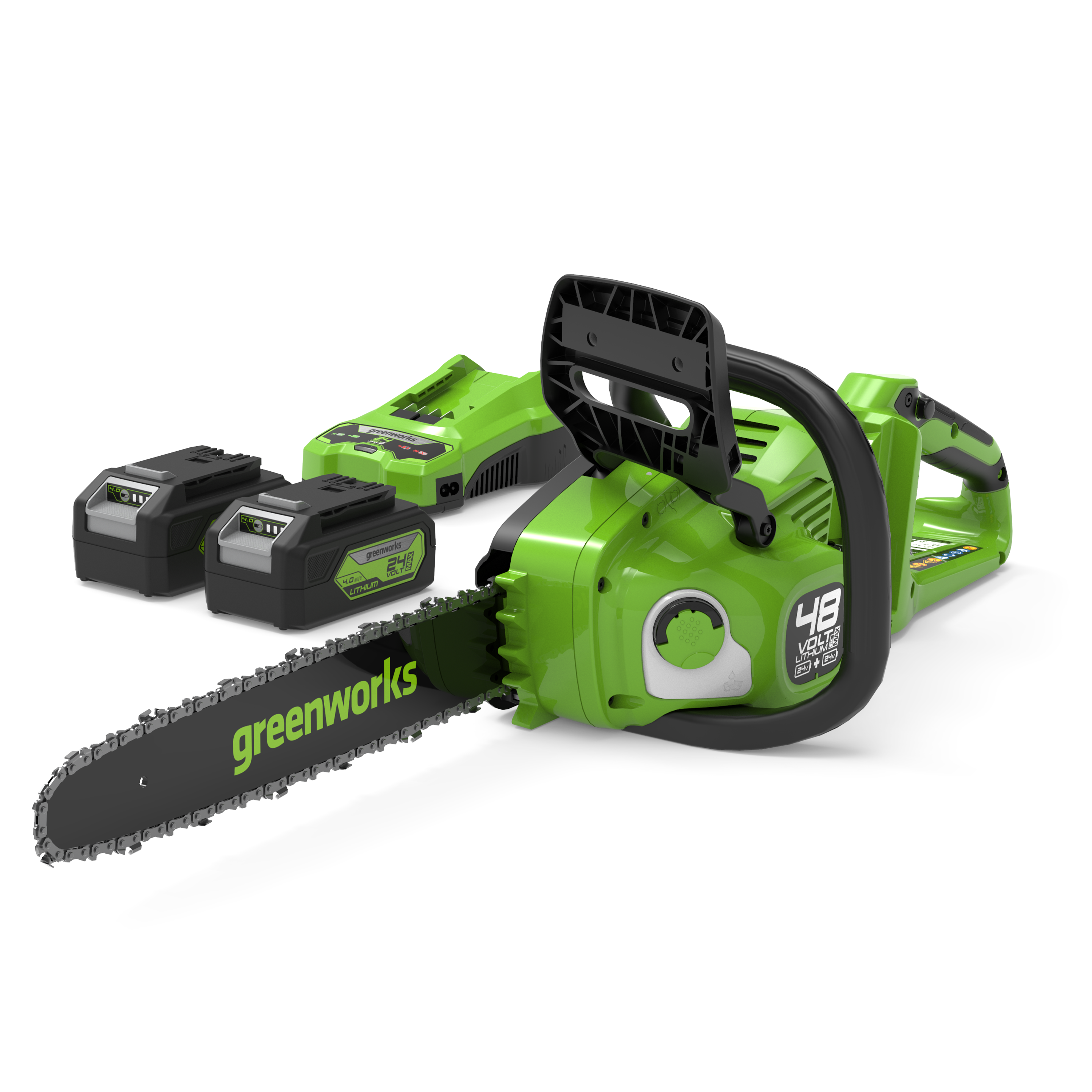 greenworks-powerall-48v-24v-x-2-motosega-36cm-con-2-batterie-4ah-e-caricabatteri image 1
