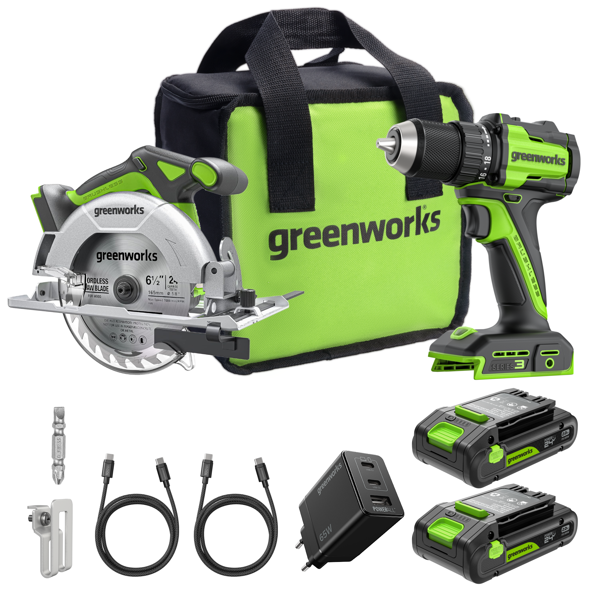 greenworks-powerall-24v-ck322-set-trapano-avvitatore-sega-circolare-con-2-batter image 1