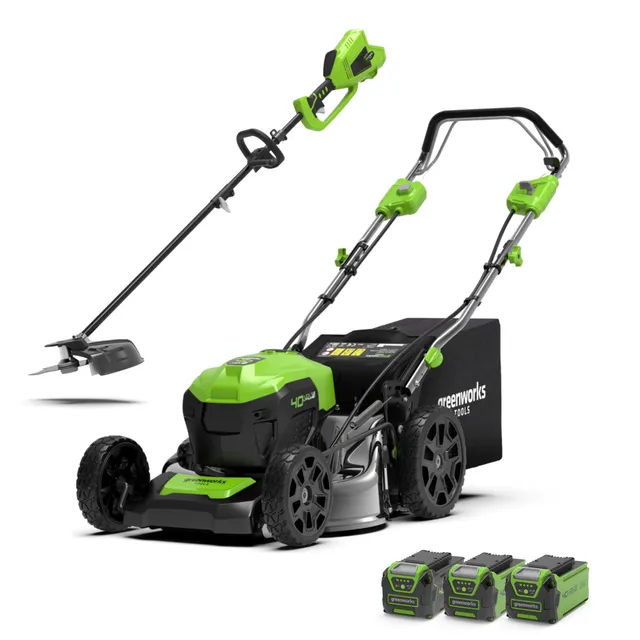 greenworks-set-40v-tagliaerba-sp-46cm-decespugliatore-40cm-con-batterie image 1