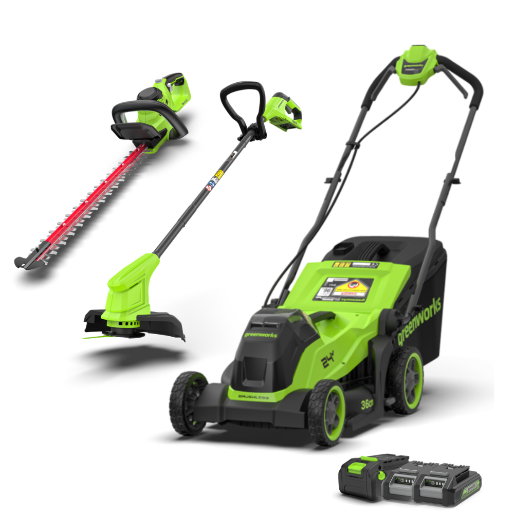 greenworks-powerall-24v-set-rasaerba-36cm-tagliabordi-25cm-tagliasiepi-56cm-con- image 1