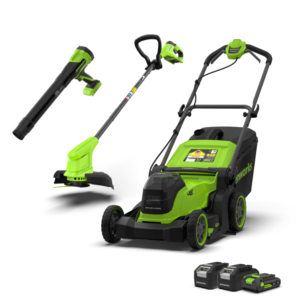 greenworks-powerall-48v-24v-x-2-set-tagliaerba-41cm-decespugliatore-25cm-soffiat image 1